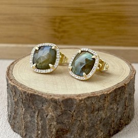 Labradorite Earrings, Gold Tone Prong Setting Natural Stone Handmade Earrings for Women