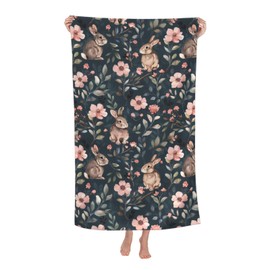 VODRM Bunny Retro Beach Towel,32x52in Microfiber Quick Dry Cute Rabbit Vintage Floral Flower Bath Towels,Soft Lightweight Oversized Sand Free,for Travel Pool Swimming Gym Decor,Gifts