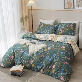 Freyamy Bed Linen 220 x 2240 cm 3-Piece Green Dark Green Colourful Flowers Leaves Plants Reversible Bed Linen Floral Girls Bedding Sets 100% Microfibre Duvet Cover with Zip and 2 Pillowcases 80 x 80