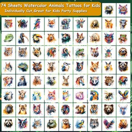 CHARLENT Watercolor Safari Animals Temporary Tattoos for Kids Party Supplies - 74 Individually Sheets Animals Tattoos for Boys Girls Birthday Party Favors