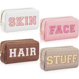 Giesiery 4 Pcs Makeup Bags Chenille Letter Cosmetic Pouch Zipper Preppy Makeup Bag Portable Hair Face Skin Stuff Travel Bags with Patches Makeup Organized Bag Set for Women