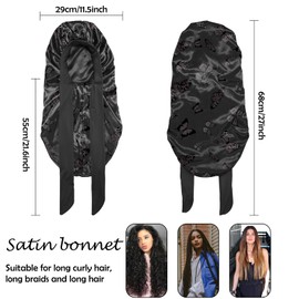 BHAHB Silk Feeling Long Satin Bonnet for Sleeping Adjustable Double Layer Elastic Reusable Long Hair Caps Cute Women Girls-Black Butterfly