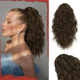 SOFEIYAN Ponytail Extension, 16 inch Claw Clip Ponytail Extension Wavy Curly Ponytails Synthetic Pony Tails Hair Extensions Natural Fake Hairpiece for Women - Brown Mix
