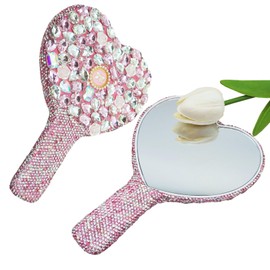Frinnovan Large Rhinestone Handheld Mirror Heart Bling Sparkle Cosmetic Dazzling Portable Hand Mirrors with Handle for Women Wedding Party (Pink)