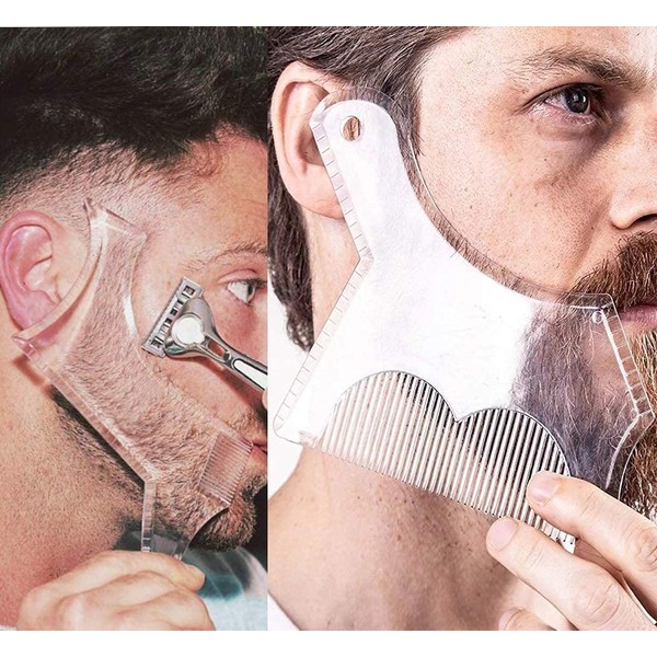 2PCS Men's Beard Shaping Tool Template, Beard Guide Shaper with Inbuilt Comb, Multi-liner Edges Shave for Curve/Straight/Neckline/Goatee/Sideburns