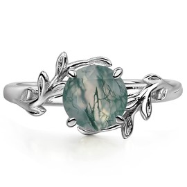 LUO Round Cut 1.25 Carat Natural Moss Agate Ring 925 Sterling Silver Engagement Wedding Ring 7 mm Green Agate Olive Leaf Promise Statement Ring for Women US Size 9.5