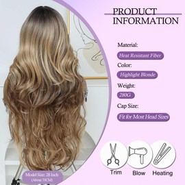Barbique Long Wavy Wig with Bangs for Women, Heat Resistant Synthetic Hair, Ombre Highlight Blonde Curly Wig for Daily Party Cosplay Use