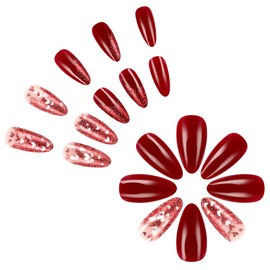 Red Press on Nails Almond Medium Length Fake Nails Red Glitter Heart Acrylic Nails Gradient False Nails Valentine's Day Artificial Nails Glue on Nails for Women Manicure Nails Decoration 24Pcs