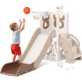 Mloong 7 in 1 Toddler Slide, Kids Slide for Toddlers Baby1-3 Years Old, Indoor and Outdoor with Basketball Hoop Upgraded Golf, Plastic Slides for Kids Easy Assembly Elk Theme (27.5×62.2×38.9")