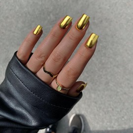 Gold Chrome Square Press on Nails Short Medium, SXVME Metallic Fake Nails Acrylic Press ons, Mirror Metal Chrome Glue on Nails Medium,Short Coffin False Nail in 24 PCS