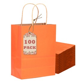 qiqee 100Pcs Gift Bag with Handles Bulk Kraft Orange Paper Bags Multiple Uses (8.3"x3"x6", Small Size)