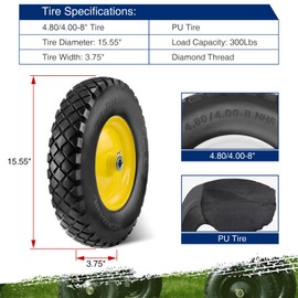 MaxAuto Wheelbarrow Tire 4.80 4.00-8 Flat-Free Tire and Wheel 16 Inch Solid Tire w/Grease Fitting, 3" Centered Hub, 3/4" Bearings, 4.80 4.00-8 Tire for Hand Truck, Trolley, Garden Cart, Wagons, Yellow