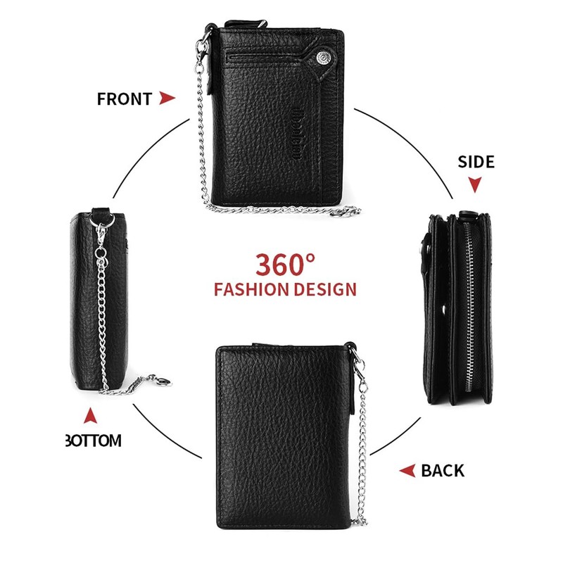 Men Wallet with Chain Vegan Faux Leather Bifold Wallet for
