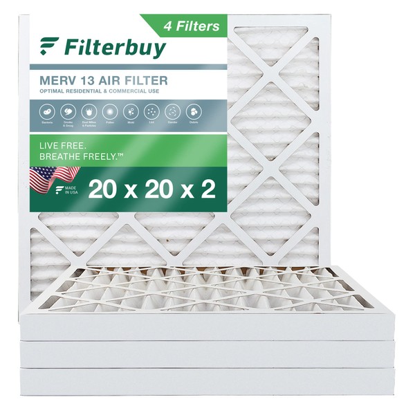 Filterbuy 20x20x2 Air Filter MERV 13 Optimal Defense (4-Pack), Pleated HVAC AC Furnace Air Filters Replacement (Actual Size: 19.50 x 19.50 x 1.75 Inches)