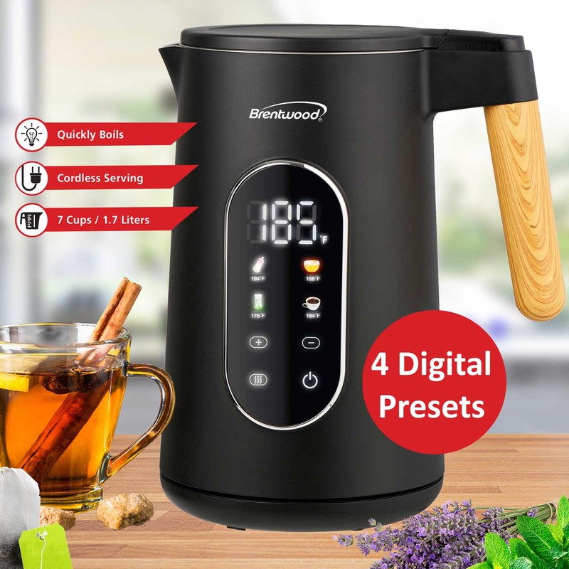 Brentwood 1100W 1.7L Cordless Cool Touch Digital Kettle with Stainless