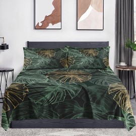 WeCozy King Size Bed Sheet Sets with Pillowcases, Green Tropical Leaves 4 Pcs Soft Microfiber Bedding Set for Kids and Adults, Monstera Palm Tree Flat Sheet, Fitted Sheet for Bedroom Bed Decor
