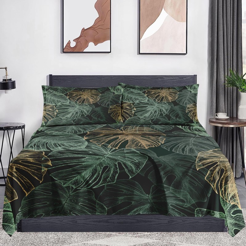 WeCozy King Size Bed Sheet Sets with Pillowcases, Green Tropical