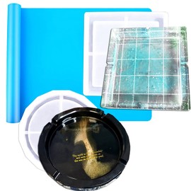 3 Pack Extra Large Ashtray Resin Mold Kit, 1 Pack Square Ashtray Mold and 1 Pack Polygon Ashtray Molds with 1 Pack Silicone Mat for Resin Epoxy