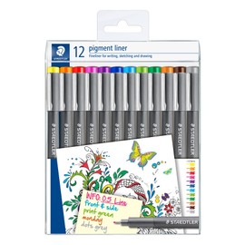 STAEDTLER Colourful pigment liner, indelible pigment ink, long metal tip, line width 0.5 mm, long service life, 12 liners in 12 different colours, 308-S TB12