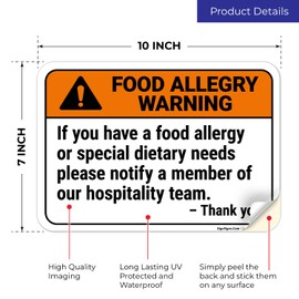 If You Have A Food Allergy Or Special Dietary Needs Please Notify A Member Sign, 10x7 Inches, 4 Mil Vinyl Decal Stickers Weather Resistant, Made in USA