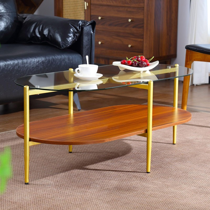 Glass and Wood Coffee Table, Mid Century Modern Design, Clear