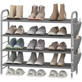 3 / 4/ 5 / 6 Tier Shoe Rack Storage Organizer Free Standing Metal Shoe Shelf Compact Shoe Organizer with Side Bag for Entryway Closet Bedroom,Bronze:_4 Tier-Bronze