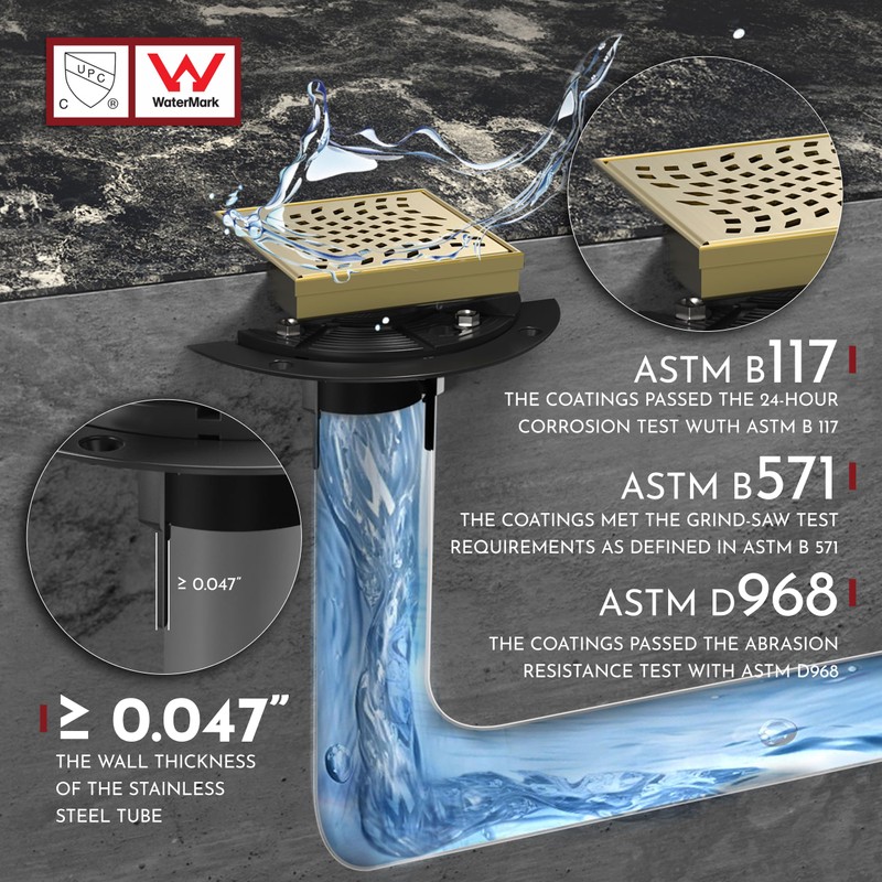 WEBANG 4 Inch Square Shower Drain Gold Floor Drain with