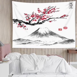 LB 150x100cm Wandteppich Rote Kirschblüte Wandtuch Grauer Berg Wandbehang japanisch Tapisserie für Wohnzimmer Schlafzimmer Wohnheim Wanddeko