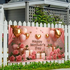 Printspree Mother’s Day Banner – 70.8x43.3in Pink & Gold Floral Backdrop, Elegant Happy Mother’s Day Party Decoration, Large Wall Banner for Mom Celebration