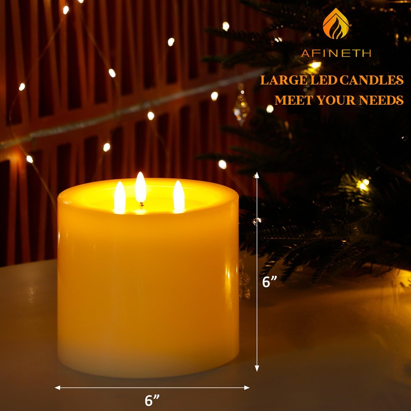 AFINETH Extra Large Flameless Candles with 3 Wicks, 6"x6" Real