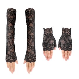 XDGBGFN 2 Pairs Lace Fingerless Gloves, Long and Short Black Fishnet Gloves 80s Retro Party Prom Tea Party Costume Accessory, Black