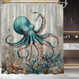 KTGHA Vintage Nautical Octopus Shower Curtain Funny Ocean Kraken Animal Coral Starfish Coastal Theme Polyester Fabric Bathroom Decor Set with Hooks(70" WX70 H)