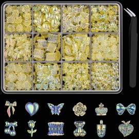 Multi Shapes Acrylic Nail Charms for 3D Nail Art, Yellow Heart Flower Bow Star Butterfly Pearl Starry AB Gems and Cute Charms for DIY Decorations and Nail Design with Pickup Tool