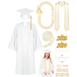 Silicherry Matte Graduation Gown Cap Tassel Set with 2025 Tassel Stole Graduation Lei Bracelet for High School and Bachelor(Size 54,White)