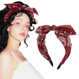Aushamtai Red Bandana Headband for Women Top Knotted Bow Handbands for Women Girls Cute Bunny Ear Hairband Vintage Bowknot Floral Boho Headband Paisley Print Cashew Design Hair Hoops Hippie
