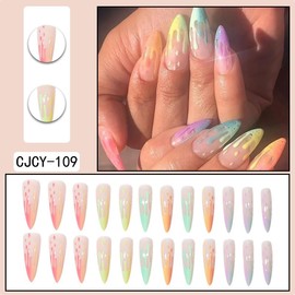 Rilafuvu 24Pcs Long Fake Nails Almond Press on Nail French Tip Glue on Nails Rainbow Ice Cream Design Acrylic Nails Almond Nails for Women and Girls
