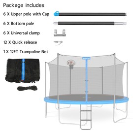 Zoomster Trampoline Replacement Enclosure Poles with Clamp and Hardware Fits 6 Straight Poles Trampoline (No Tool Needed. Can be Assembled by only one Adult) (12FT Pole with Net)