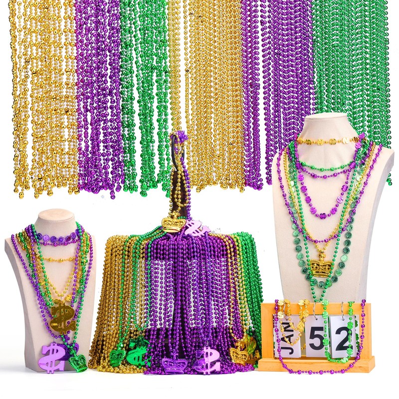 Becfupo 150 Pcs Metallic Mardi Gras Beaded Necklaces Bulk, Purple,