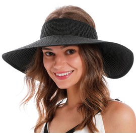 Sun Visors for Women Black Sun Hat Womens Straw Hat Visor Women Sun Hat Visor Beach Hat for Women Foldable Straw Hats for Women Packable Visor Hats for Women, Black Visor