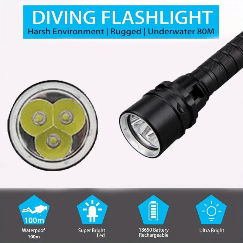 Packetman 200000LM LED Diving Flashlight Torch 200M Underwater Scuba Lantern