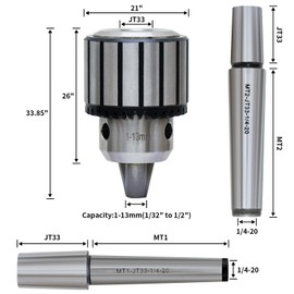 1/2" Drill Chuck with #1 (JT33-MT1) and #2 (JT33-MT2) Morse Taper Arbor Heavy Duty Drill Chuck with Chuck Key