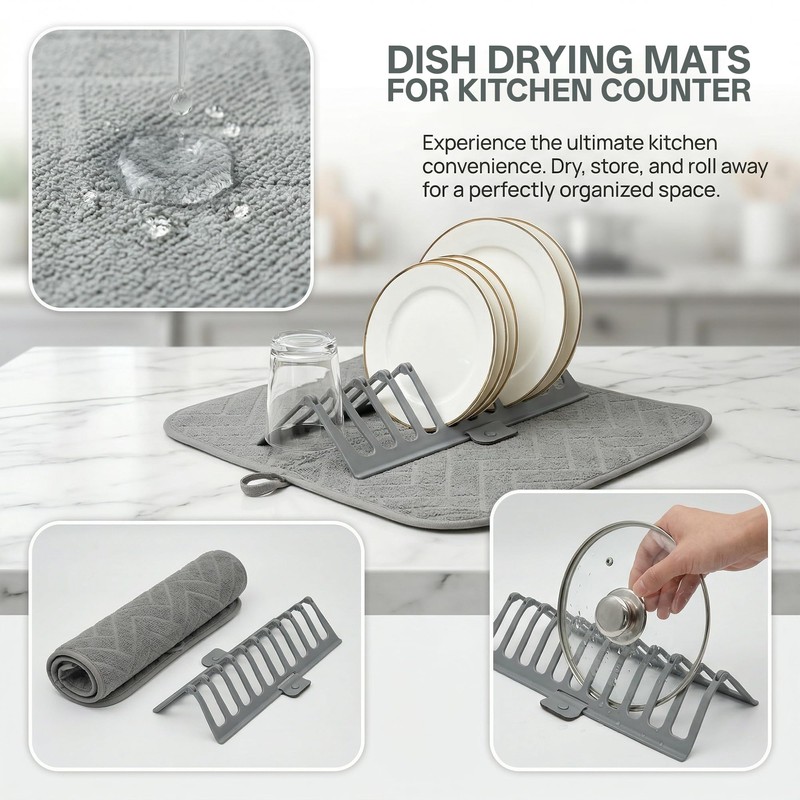 Microfiber Dish Drying Mat with Removable Plate Rack Organizer 18"x14"
