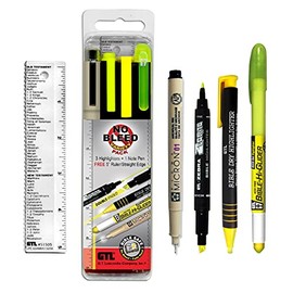 G.T. Luscombe Company, Inc. No Bleed Variety Pack | No Smearing or Fading Pigmented Ink | Yellow Accu-Gel, Bible Dry & Zebrite Double-Ended Highlighter | 01 Black Pigma Micron, Ruler/Bookmark Set of 5