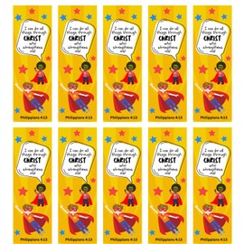 100 Bulk Count of Superhero Bookmarks for Kids - Super Hero Vacation Bible School - Church Award Prizes - Philippians 4:13 - Christian Bookmarks for Children - VBS Favors - Premium Made in USA