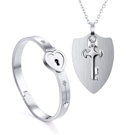 2 Piece Bangle with Lock Pendant Chain Key Set for Couples, Silver Stainless Steel Heart Lock Bracelet Bracelets Women Men Necklace Chains for Couple Partner Friendship BFF Gift, Stainless Steel