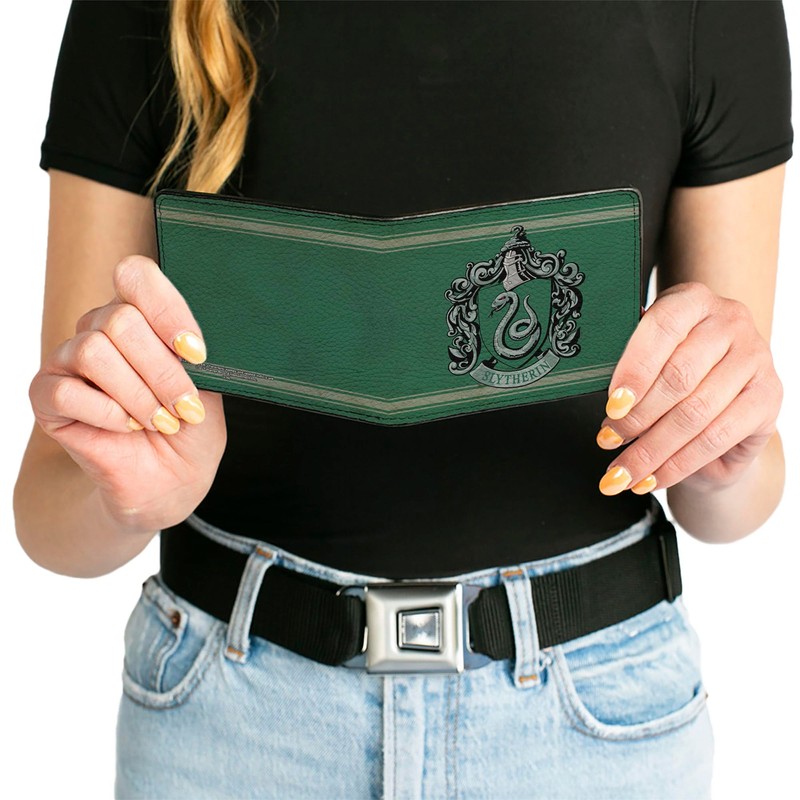 Buckle Down Men's Wallet Slytherin Crest/stripe6 Weathered Greens/Grays Bi-Fold, Multi,
