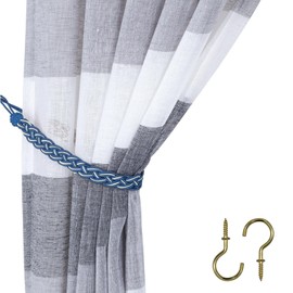 Home Queen Hand Braided Curtain Tie Back, Buckle Holdback Drapery Curtain Tiebacks, 6 Rope Belt Curtain Tie with 6 Metal Hooks, Navy and Silver