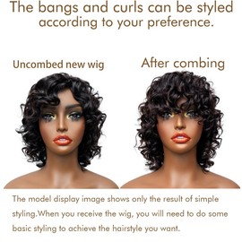 HairyFairy 12inch short water wave wig with bangs glueless, 100% human hair wigs for black women, machine made, no lace, light and comfortable (natural black, 12 inches)