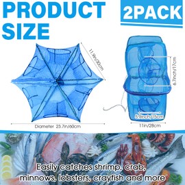 2 Pcs Foldable Fishing Trap Collapsible Hexagon 6 Hole Fishing Bait Trap Portable Minnow Crayfish Crab Crawdad Shrimp Net Cage Fishing Accessories (Blue)