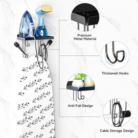 XILIMEN Iron and Ironing Board Holder Wall Mounted, Black Ironing Board Hanger Over The Door, Metal Iron Board Wall Mount with Storage Shelf, Laundry Rooms Board Holder for Y or T Leg